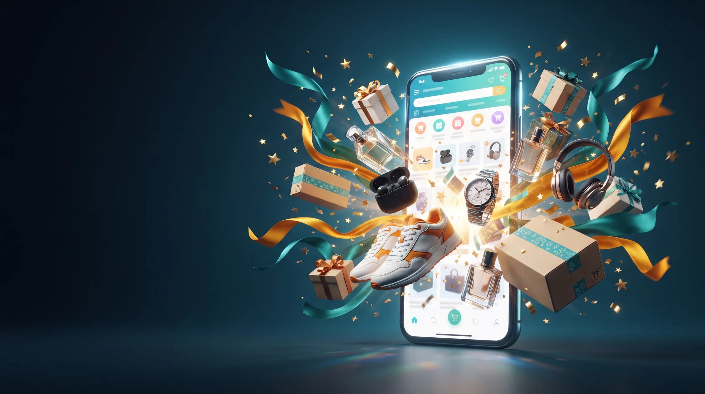Products and parcels bursting from a smartphone shopping app